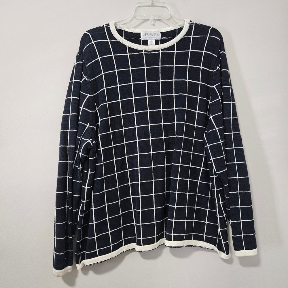 Casual Corner Annex Woman Navy White Grid Windowpane Cotton Sweater 2X 0WF02-640